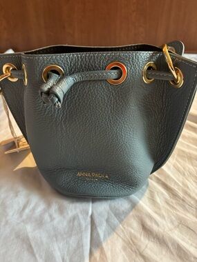 Gray Leather Drawstring Bucket Bag